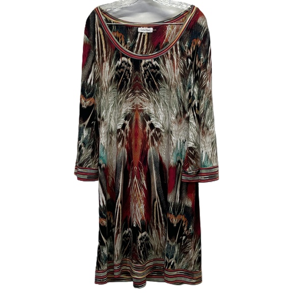 Calvin Klein Dresses & Skirts - Calvin Klein Multicolored Feather Print Abstract Knit Tunic Dress 3/4 Sleeve XL